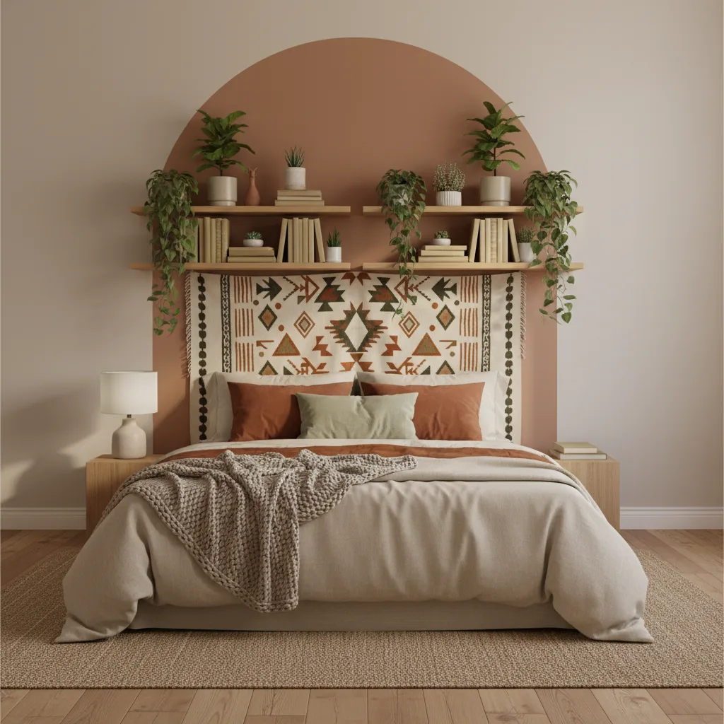 Modern bedroom without headboard with wall decor behind bed