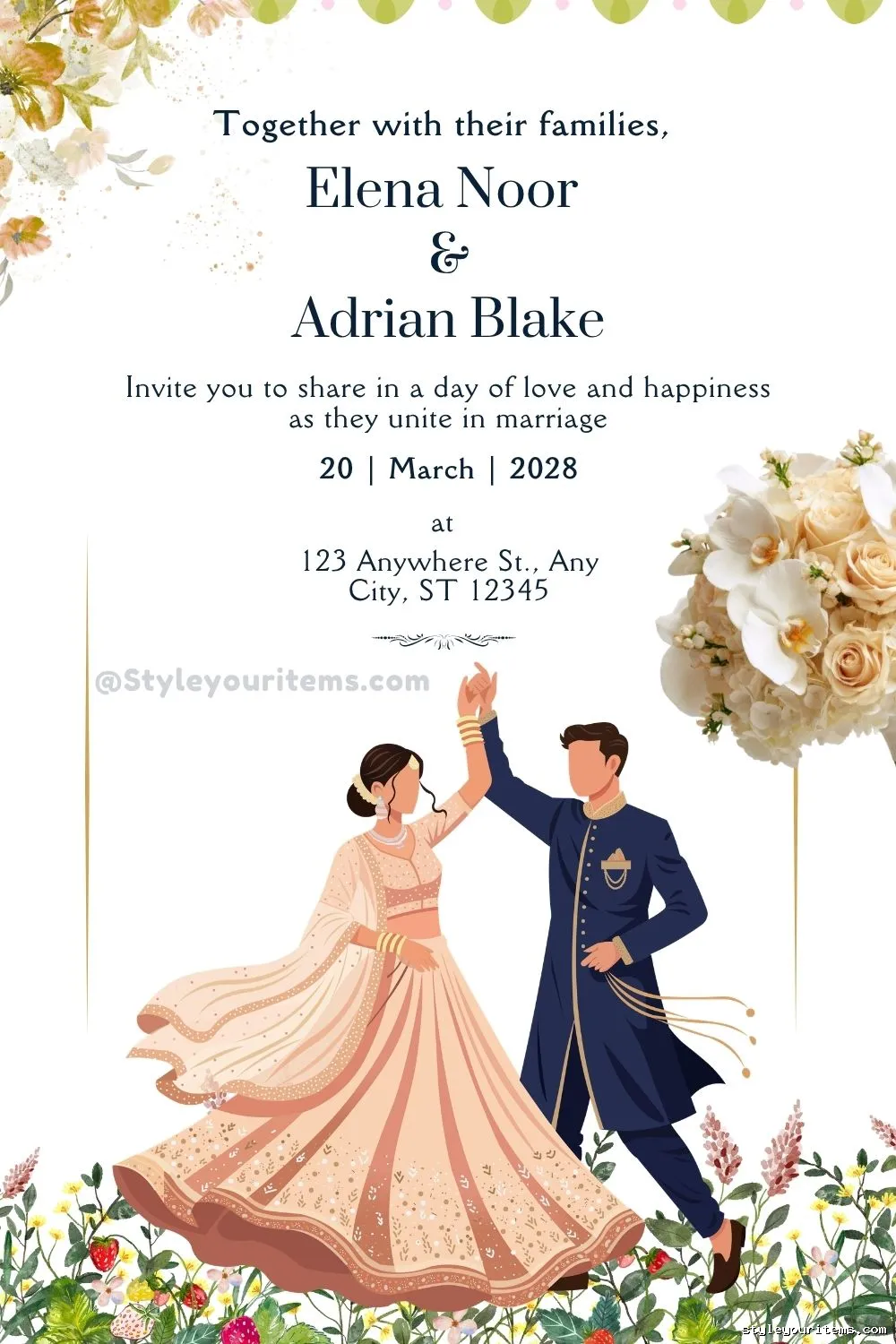 White color Desi Dancing Couple Wedding Invitation