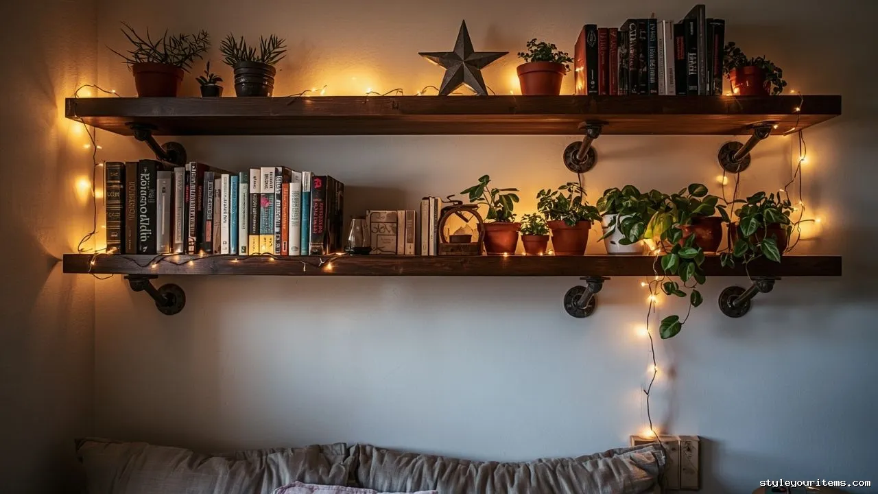 65. Teen Rustic  Industrial Pipe Shelving With Fairy Light Accents