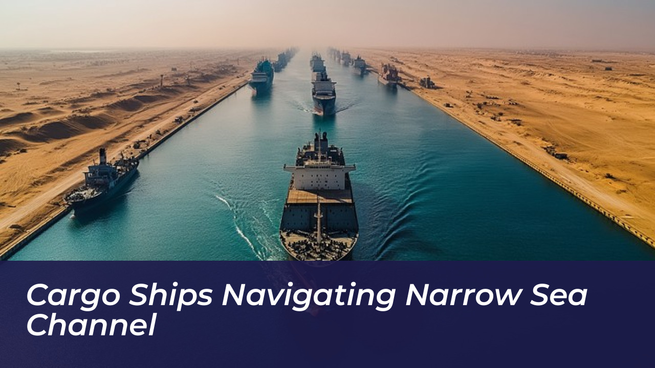 Cargo ships navigating narrow sea channel