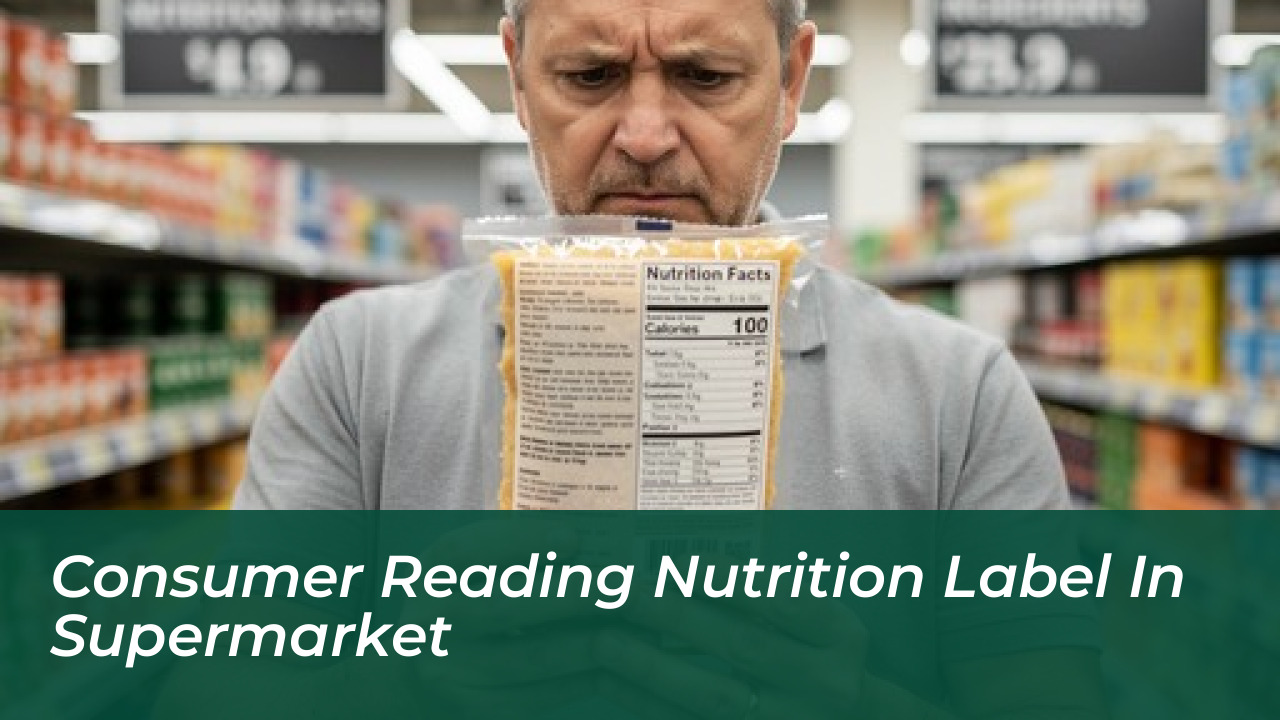 Consumer Reading Nutrition Label in Supermarket