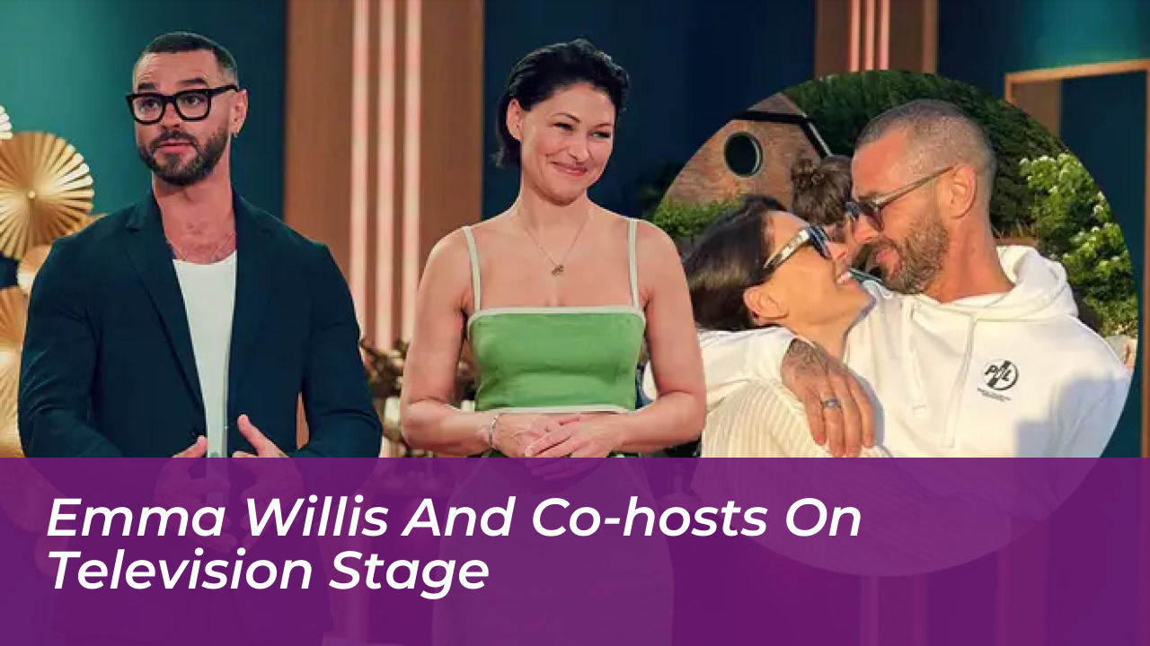 Emma Willis and co-hosts on television stage