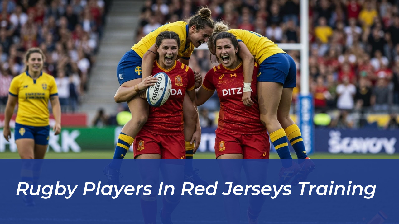 Rugby players in red jerseys training