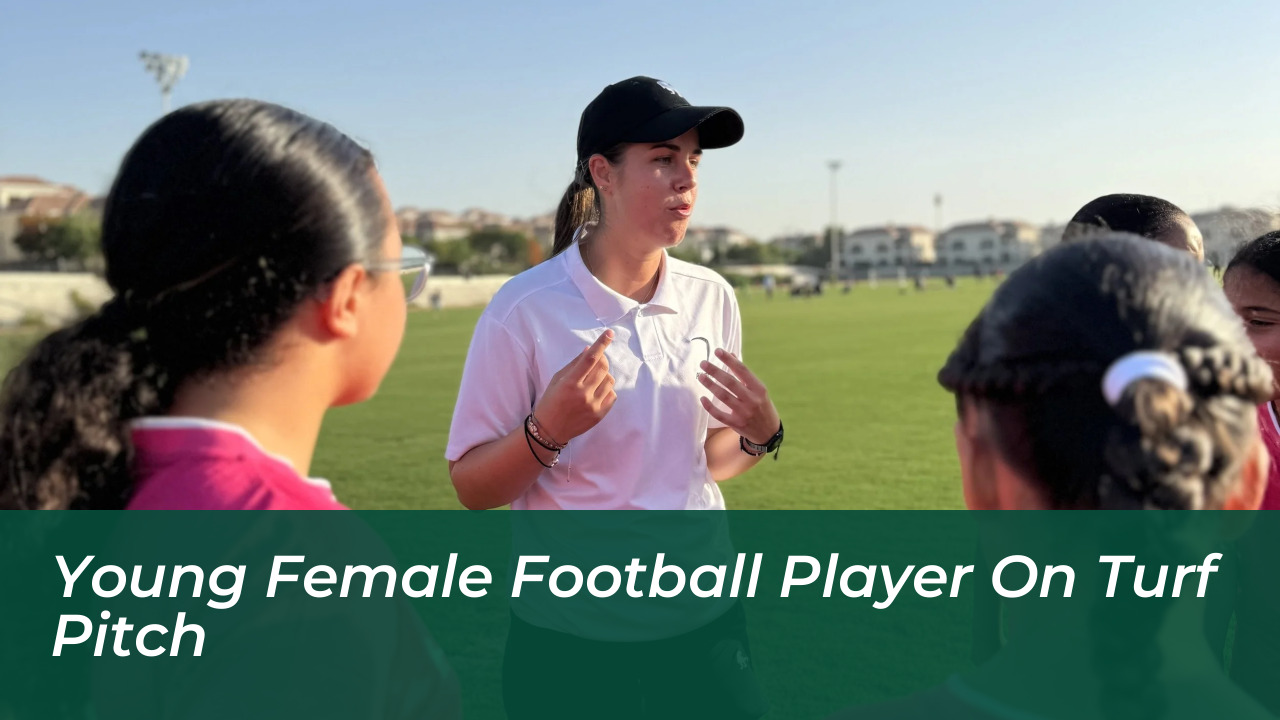 Young female football player on turf pitch