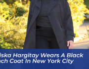 mariska hargitay wears a black trench coat in new york city EaRy
